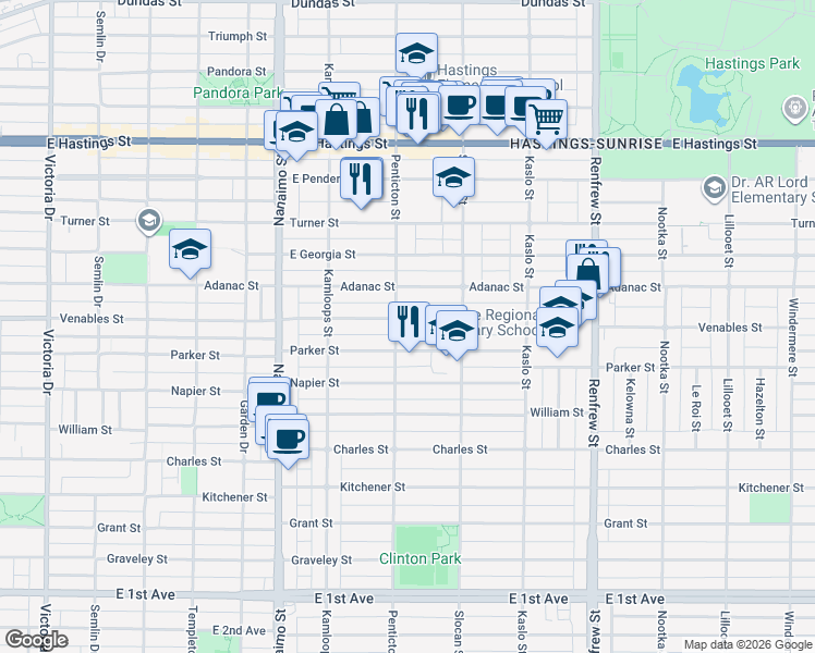 map of restaurants, bars, coffee shops, grocery stores, and more near 2616 Venables Street in Vancouver
