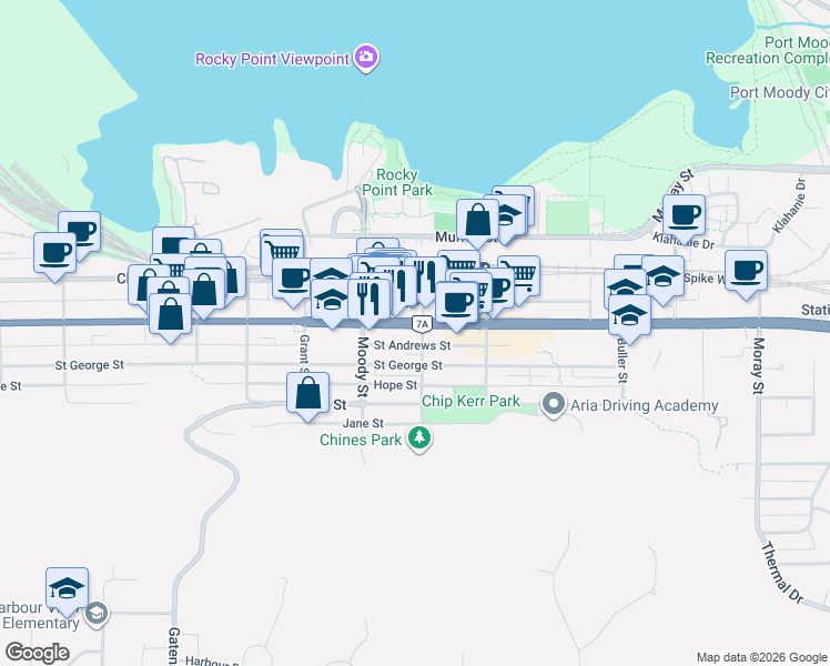 map of restaurants, bars, coffee shops, grocery stores, and more near 2825 Saint Johns Street in Port Moody