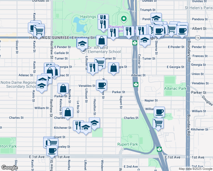 map of restaurants, bars, coffee shops, grocery stores, and more near 3216 Venables Street in Vancouver