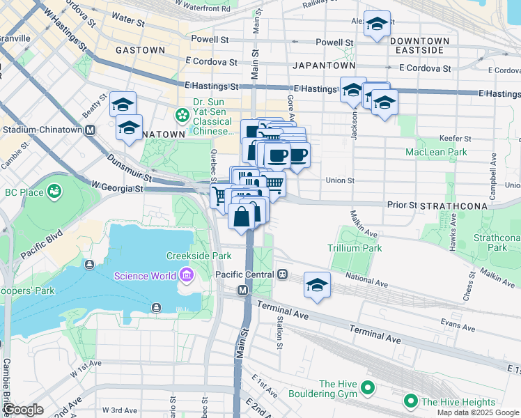 map of restaurants, bars, coffee shops, grocery stores, and more near 917 Station Street in Vancouver