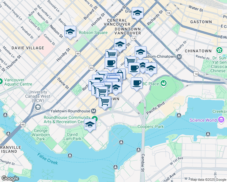 map of restaurants, bars, coffee shops, grocery stores, and more near 1002 Mainland Street in Vancouver