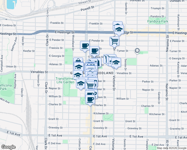 map of restaurants, bars, coffee shops, grocery stores, and more near in Vancouver