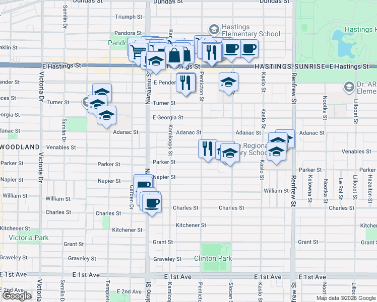map of restaurants, bars, coffee shops, grocery stores, and more near in Vancouver
