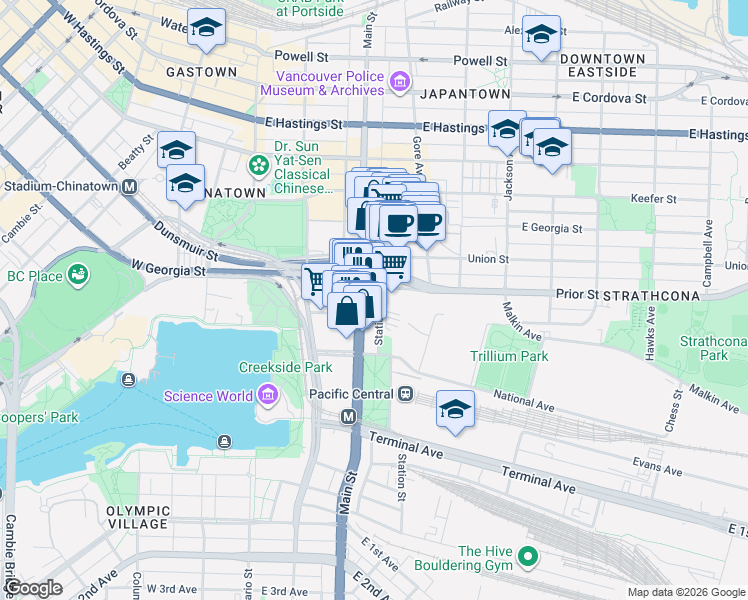 map of restaurants, bars, coffee shops, grocery stores, and more near 917 Station Street in Vancouver