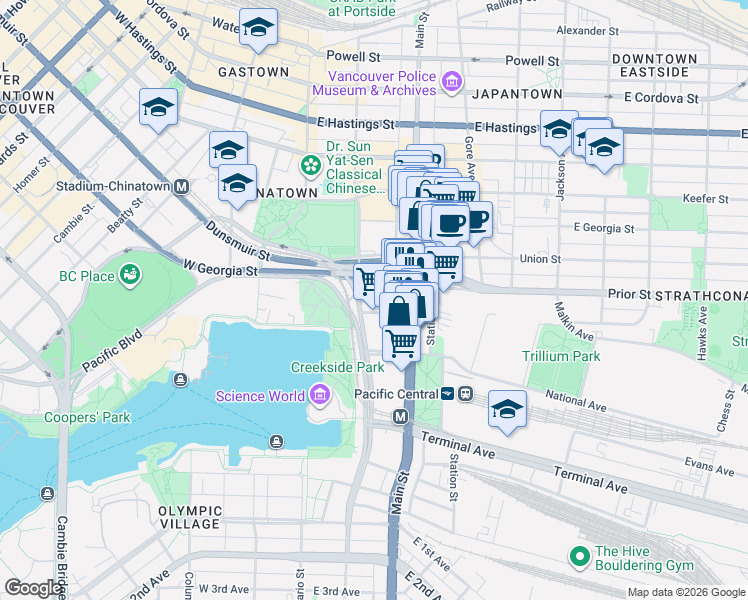 map of restaurants, bars, coffee shops, grocery stores, and more near 125 Milross Avenue in Vancouver