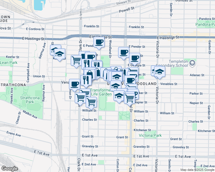 map of restaurants, bars, coffee shops, grocery stores, and more near in Vancouver