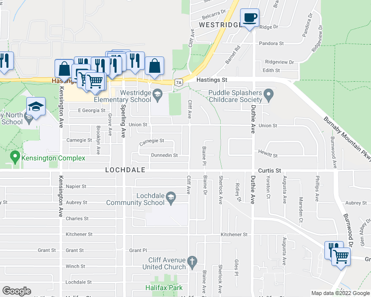 map of restaurants, bars, coffee shops, grocery stores, and more near 901 Cliff Avenue in Burnaby