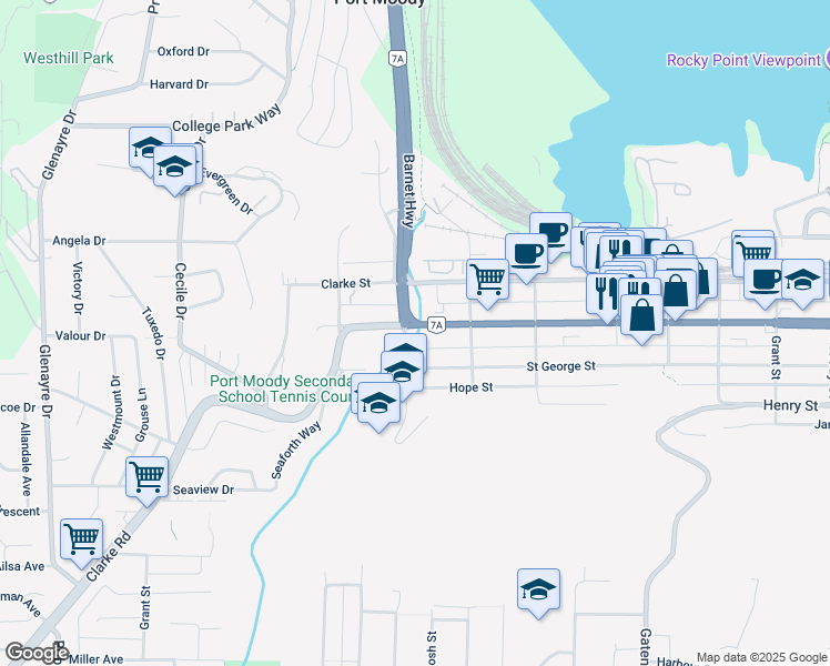 map of restaurants, bars, coffee shops, grocery stores, and more near 2101 Saint Johns Street in Port Moody