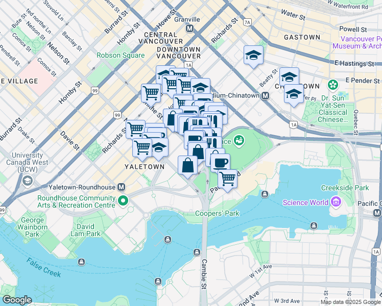 map of restaurants, bars, coffee shops, grocery stores, and more near 911 Beatty Street in Vancouver