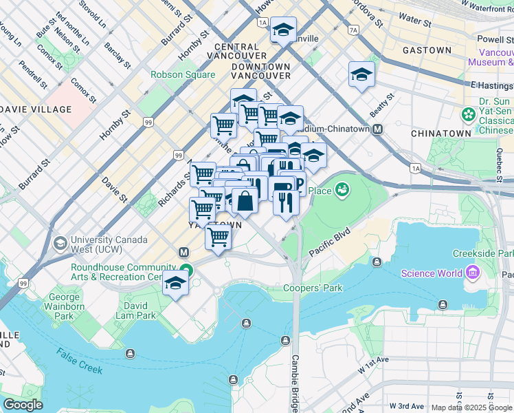 map of restaurants, bars, coffee shops, grocery stores, and more near 950 Cambie Street in Vancouver
