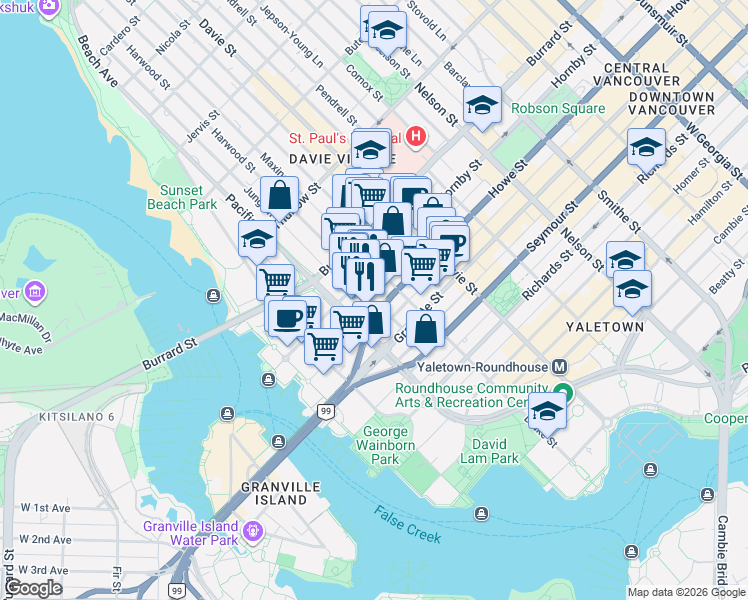 map of restaurants, bars, coffee shops, grocery stores, and more near 1335 Howe Street in Vancouver