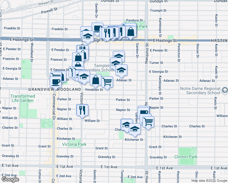 map of restaurants, bars, coffee shops, grocery stores, and more near 2122 Venables Street in Vancouver