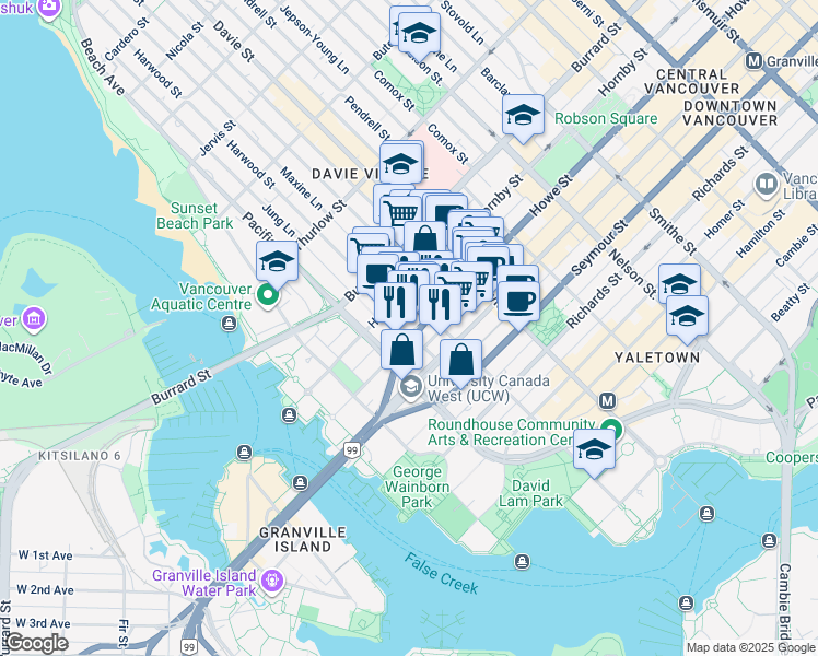map of restaurants, bars, coffee shops, grocery stores, and more near 1335 Howe Street in Vancouver