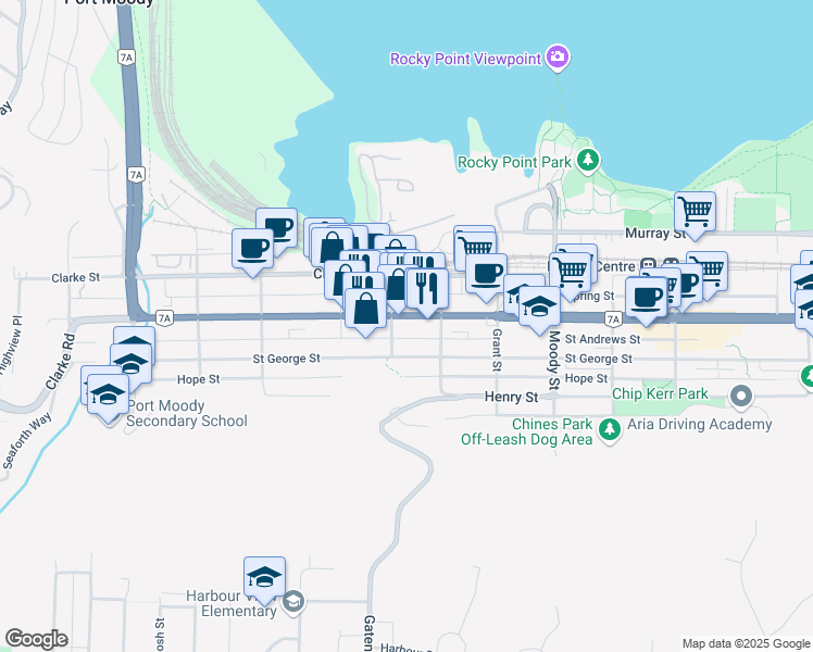 map of restaurants, bars, coffee shops, grocery stores, and more near 2503 B Saint Johns Street in Port Moody