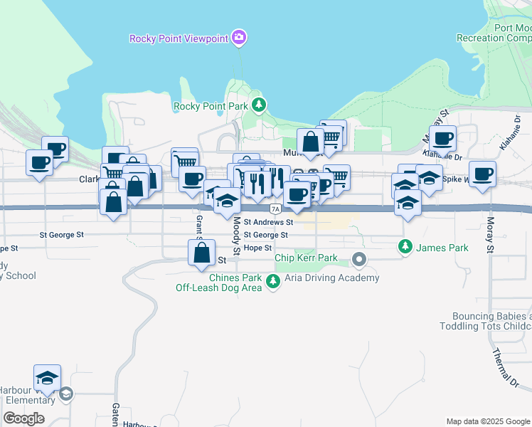 map of restaurants, bars, coffee shops, grocery stores, and more near 2821 Barnet Highway in Port Moody