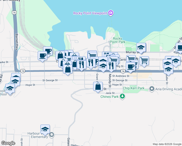 map of restaurants, bars, coffee shops, grocery stores, and more near 2613 Saint Johns Street in Port Moody