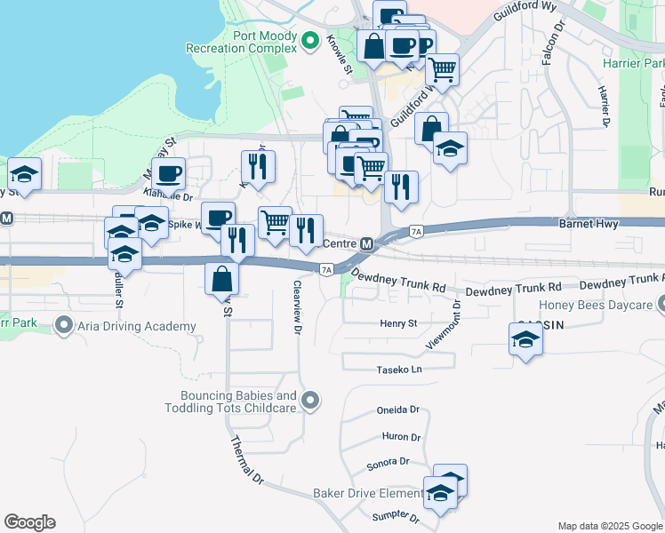 map of restaurants, bars, coffee shops, grocery stores, and more near 3250 St Johns St in Port Moody