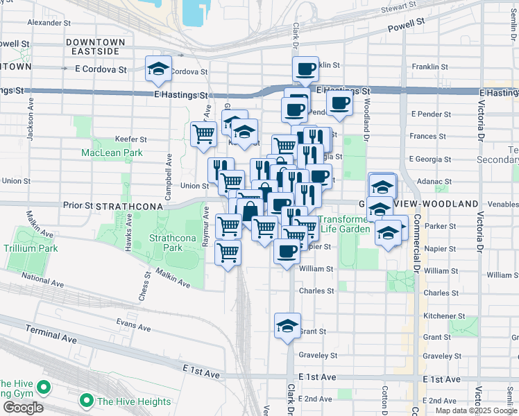 map of restaurants, bars, coffee shops, grocery stores, and more near in Vancouver