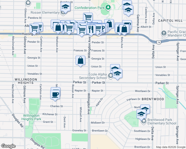 map of restaurants, bars, coffee shops, grocery stores, and more near Venables Street in Burnaby