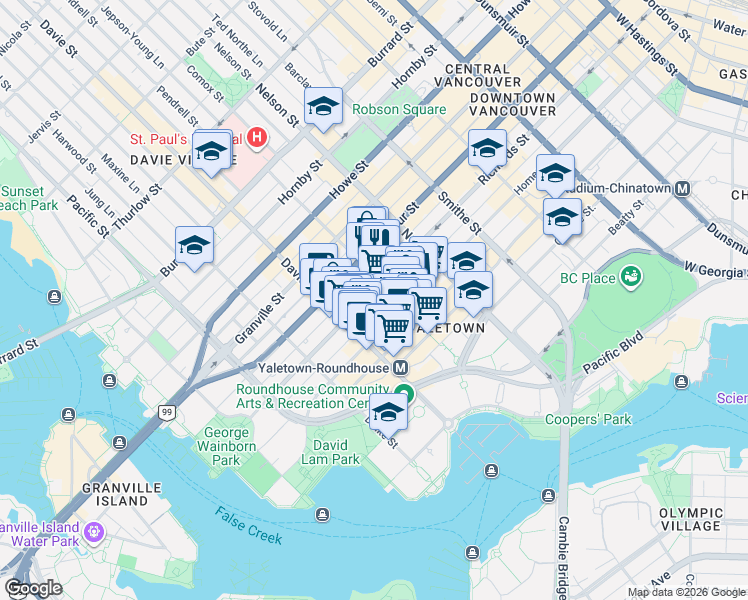 map of restaurants, bars, coffee shops, grocery stores, and more near 1128 Richards Street in Vancouver