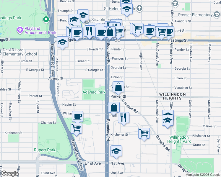 map of restaurants, bars, coffee shops, grocery stores, and more near 2138 Venables Street in Burnaby