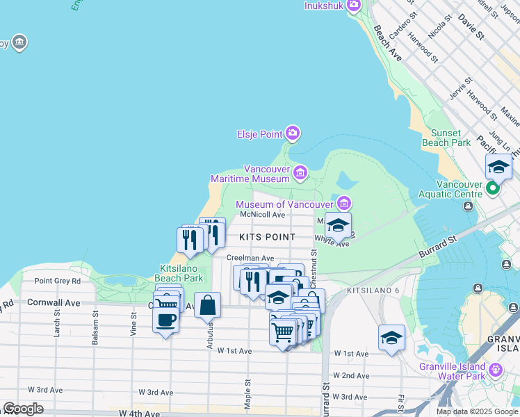 map of restaurants, bars, coffee shops, grocery stores, and more near 1981 McNicoll Avenue in Vancouver