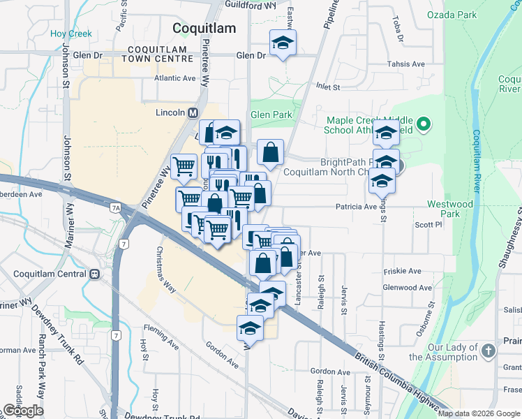 map of restaurants, bars, coffee shops, grocery stores, and more near 3591 Woodland Drive in Port Coquitlam