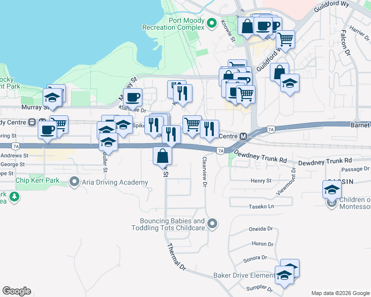 map of restaurants, bars, coffee shops, grocery stores, and more near 3215 Saint Johns Street in Port Moody