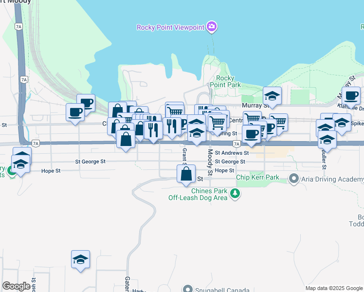 map of restaurants, bars, coffee shops, grocery stores, and more near 2621 Saint Johns Street in Port Moody