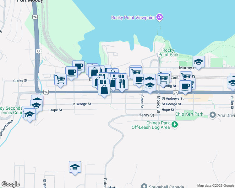 map of restaurants, bars, coffee shops, grocery stores, and more near 2503 B Saint Johns Street in Port Moody