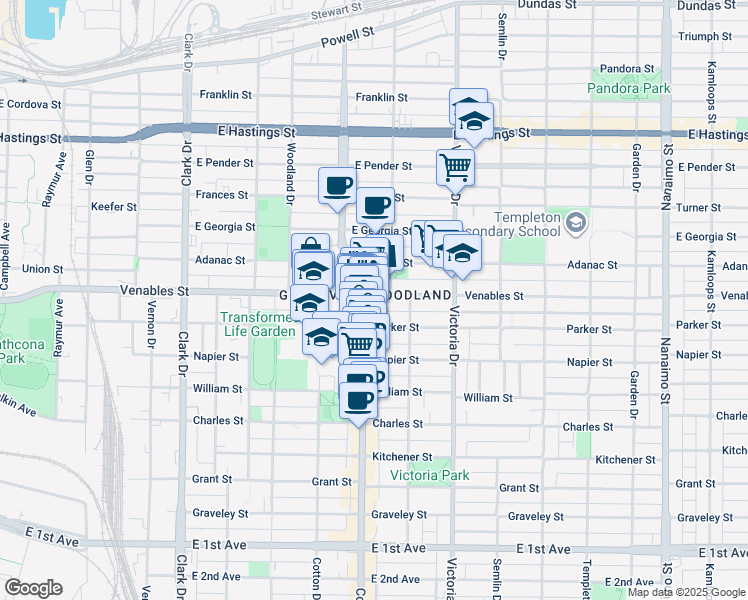 map of restaurants, bars, coffee shops, grocery stores, and more near in Vancouver