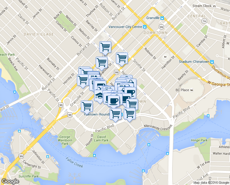 map of restaurants, bars, coffee shops, grocery stores, and more near in Vancouver