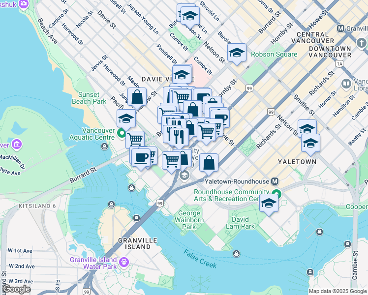 map of restaurants, bars, coffee shops, grocery stores, and more near in Vancouver