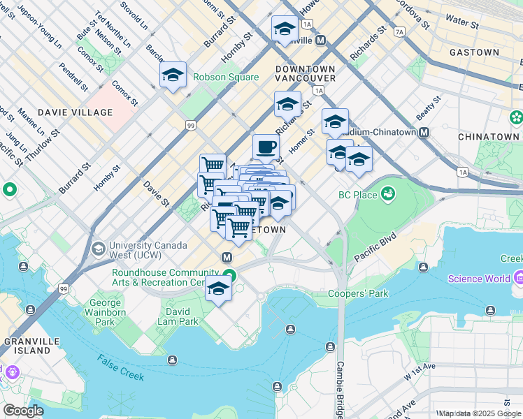 map of restaurants, bars, coffee shops, grocery stores, and more near in Vancouver