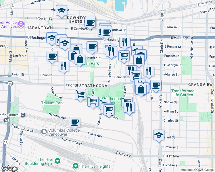 map of restaurants, bars, coffee shops, grocery stores, and more near 891 Prior Street in Vancouver