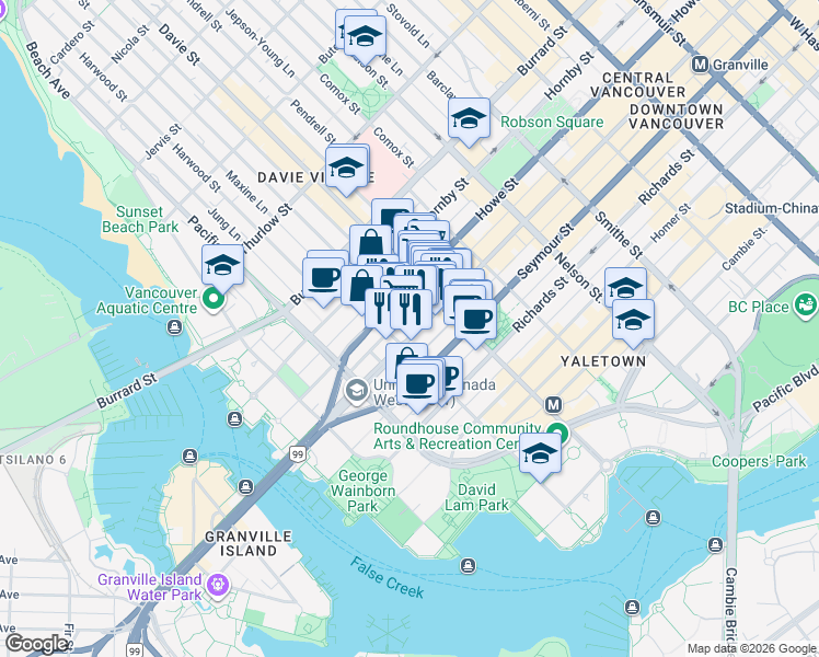 map of restaurants, bars, coffee shops, grocery stores, and more near 1265 Granville Street in Vancouver