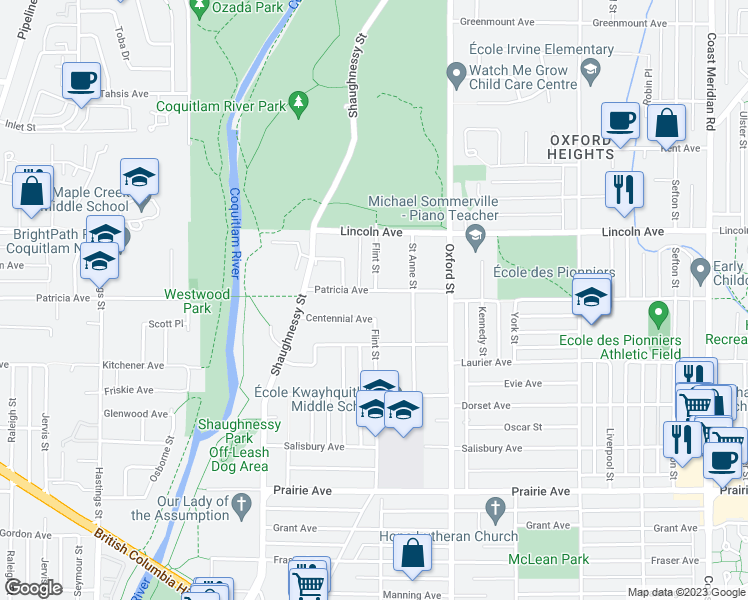 map of restaurants, bars, coffee shops, grocery stores, and more near 1950 Patricia Avenue in Port Coquitlam