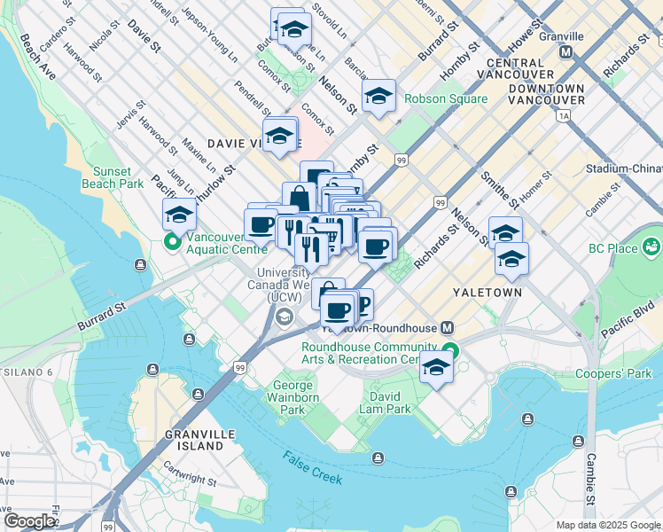 map of restaurants, bars, coffee shops, grocery stores, and more near 1265 Granville Street in Vancouver