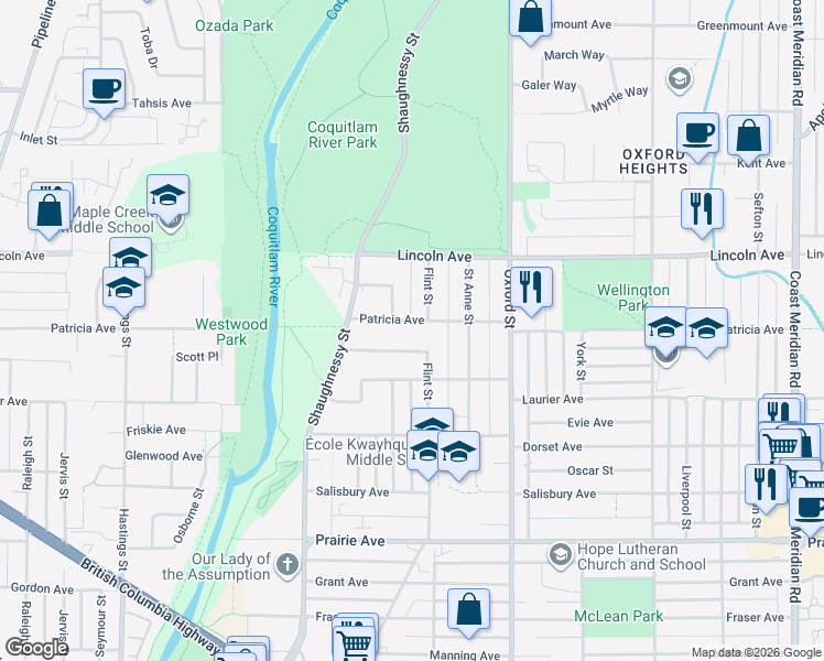 map of restaurants, bars, coffee shops, grocery stores, and more near 2124 Patricia Avenue in Port Coquitlam