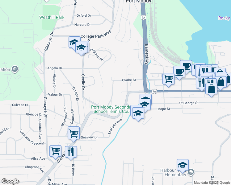 map of restaurants, bars, coffee shops, grocery stores, and more near 1956 Highview Place in Port Moody