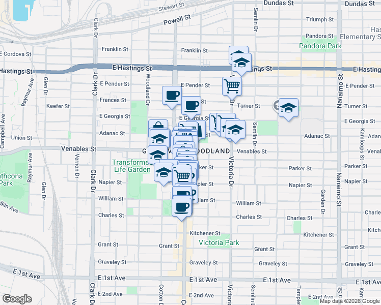 map of restaurants, bars, coffee shops, grocery stores, and more near 1718 Venables Street in Vancouver