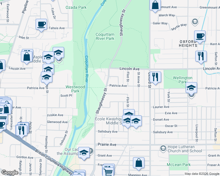 map of restaurants, bars, coffee shops, grocery stores, and more near 2172 Patricia Avenue in Port Coquitlam