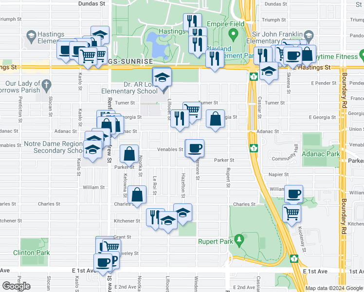 map of restaurants, bars, coffee shops, grocery stores, and more near 3139 Venables Street in Vancouver
