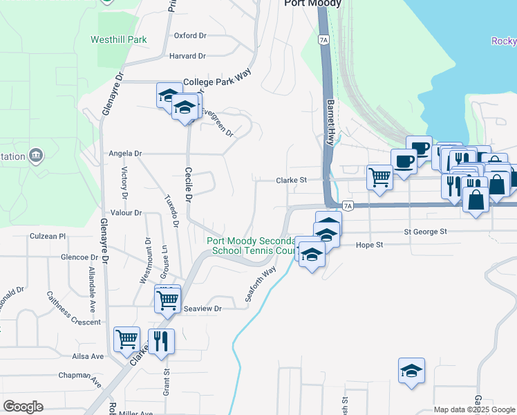 map of restaurants, bars, coffee shops, grocery stores, and more near 1958 Highview Place in Port Moody