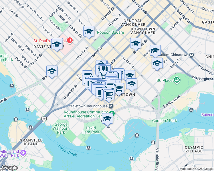map of restaurants, bars, coffee shops, grocery stores, and more near 438 Helmcken Street in Vancouver
