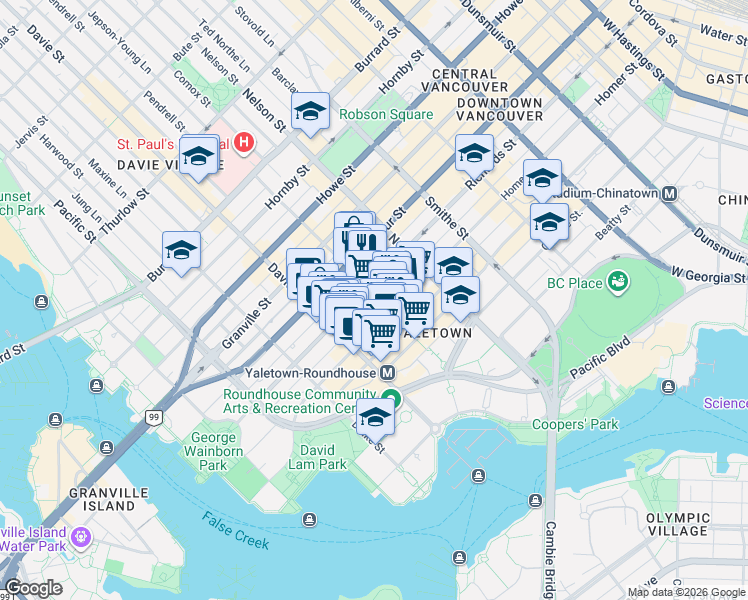 map of restaurants, bars, coffee shops, grocery stores, and more near 438 Helmcken Street in Vancouver