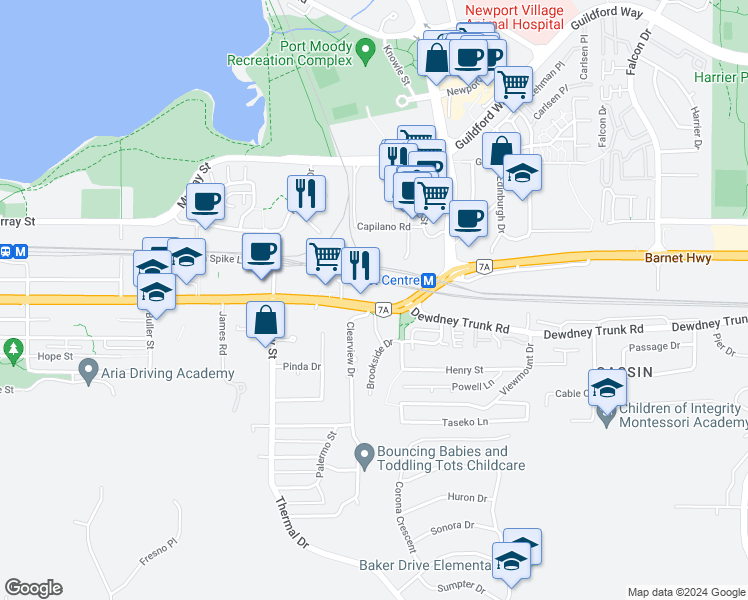map of restaurants, bars, coffee shops, grocery stores, and more near 3266 Saint Johns Street in Port Moody