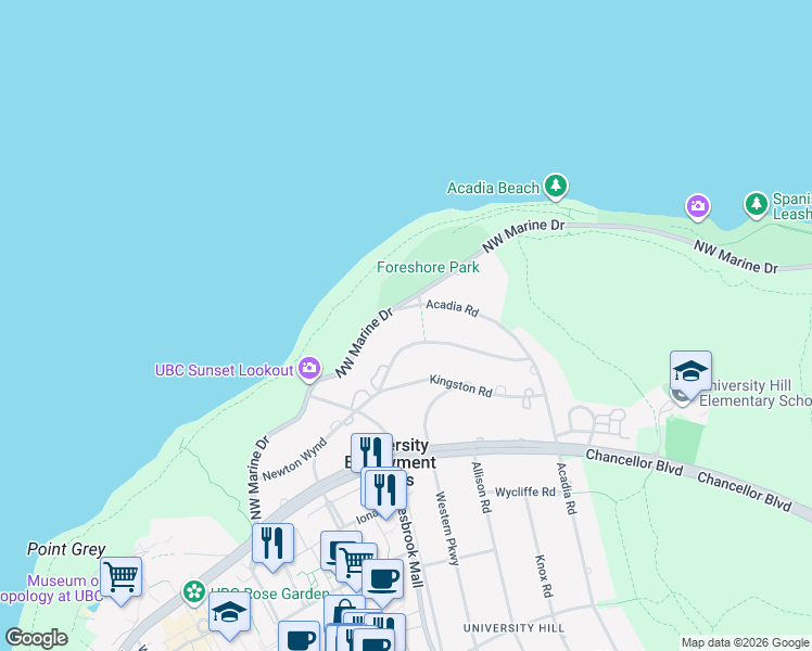 map of restaurants, bars, coffee shops, grocery stores, and more near 5771 Newton Wynd in Vancouver