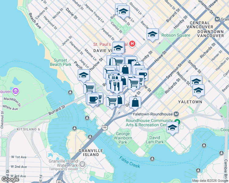 map of restaurants, bars, coffee shops, grocery stores, and more near 1360 Hornby Street in Vancouver