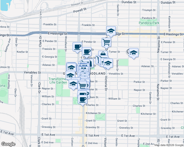 map of restaurants, bars, coffee shops, grocery stores, and more near 1758 Venables Street in Vancouver